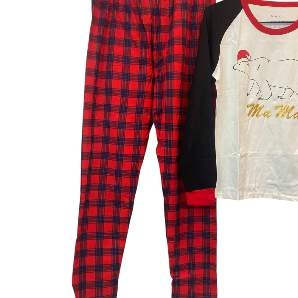 Benaive Womens Large Red Plaid Polar MA MA Bear graphic Pajama Set Christmas NEW